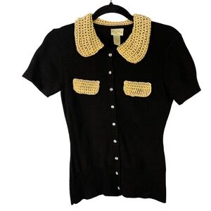 Tracy Reese Black Angora Wool Cashmere Blend Short Sleeve Cardigan Pearls Size M